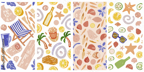 Colorful summer pattern featuring beach items and citrus fruit illustrations