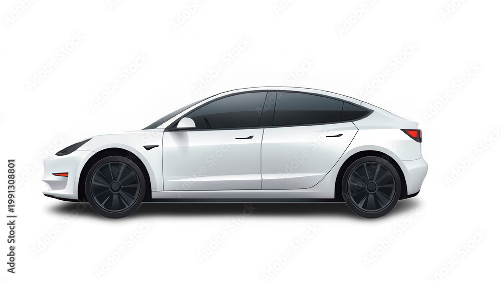 Fototapeta premium A sleek white Tesla Model 3 is shown in a studio setting with a black background