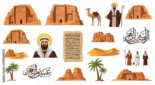Ancient desert monuments appear with traditional symbols and sandy.