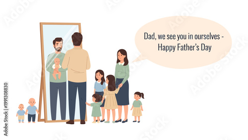 Father's Day Reflection: A heartwarming illustration captures a father's reflection, symbolizing the bond with his children on Father's Day. The family gathers, sharing love and appreciation. 
