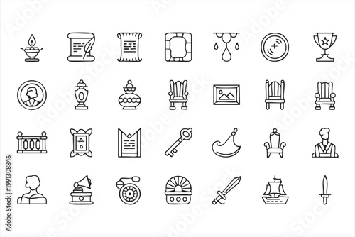 Vintage antique icons, history museum royal artifact symbols