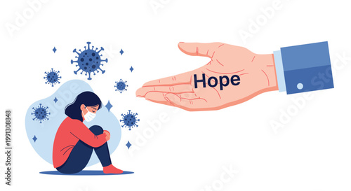 Emotive illustration of giant hand offering hope to sad young girl wearing mask and surrounded by virus icons.