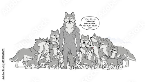 Wolves' Strength and Unity: A stylized illustration depicting a pack of wolves, the central figure commanding attention and projecting an image of leadership and strength.