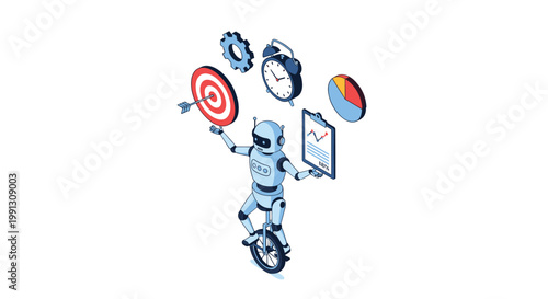 Futuristic robot performing multitasking act while riding unicycle and juggling business icons for efficiency and productivity.