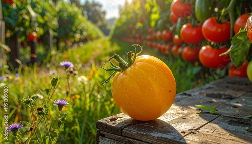 Yellow tomato on wooden post with red tomatoes in background, sunlit garden scene highlighting ripeness and natural variety.