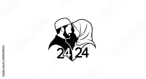 Muslim couple in love, embracing each other with numbers 24 and 24.