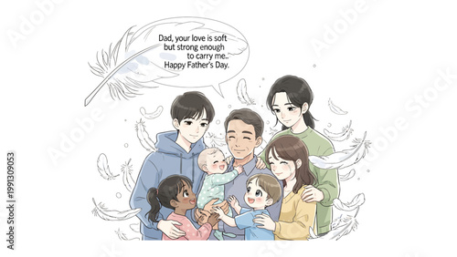 Family Love's Tender Embrace: Capturing a Father's Day greeting illustrated with heartwarming familial love, where the father holds a baby, surrounded by affectionate embraces. 