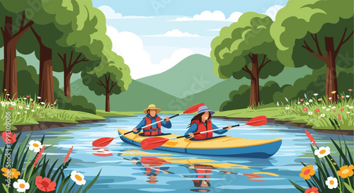 Adventurous couple enjoying peaceful kayaking trip on winding river through lush green forest with mountains in background.