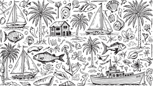 Tropical island scene in intricate black and white sketch style