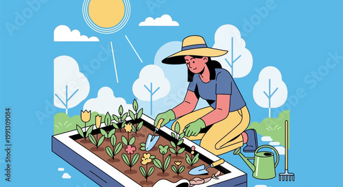 A dedicated gardener working in a raised garden bed.