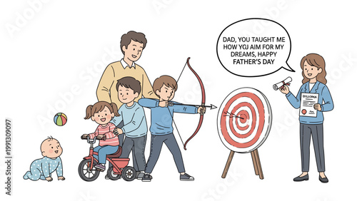 Family archery: A loving family partakes in the timeless sport of archery, hitting the bullseye in more ways than one - as the matriarch of the family congratulates them all on their achievements. 