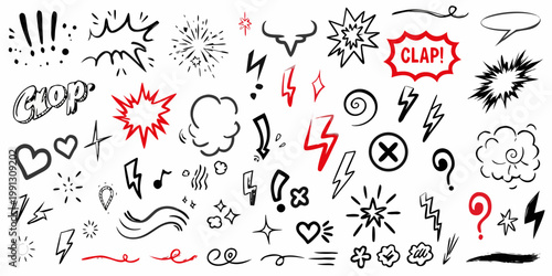 Collection of hand drawn comic book style speech bubbles and action effects