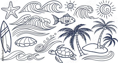 Whimsical beach illustration a hand drawn collection of tropical elements evoking a relaxing seaside atmosphere