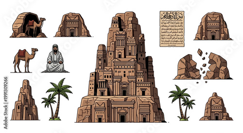 Ancient desert structures depict historical rock carvings and stone.