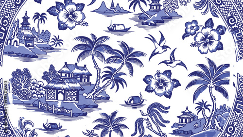Classic blue and white willow pattern fabric a detailed oriental scenery repeat design