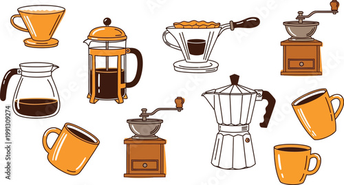 A collection of various coffee brewing devices including french presses pour overs and manual grinders illustrated in a sketch style