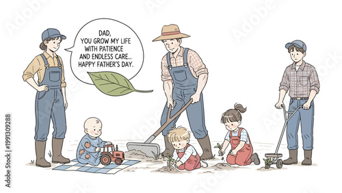 Happy Father's Day: A touching scene captures a heartwarming moment as a family of farmers celebrates Father's Day. The father, surrounded by his children, tends to a small plant.