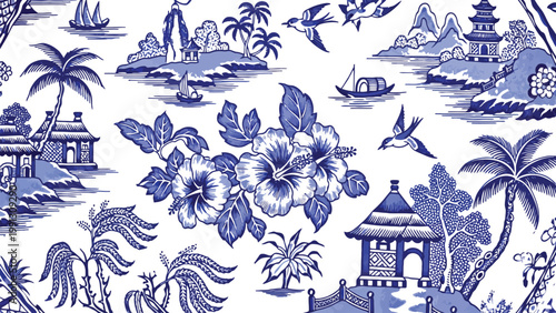 Intricate blue and white willow pattern fabric design with asian landscape motifs