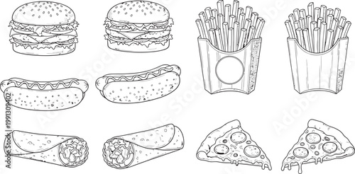 Hand drawn sketch collection of various burgers and wraps in black and white