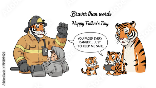 Father's Day Dedication: A heartwarming digital illustration portraying a tiger firefighter and a nurturing tiger family, celebrating the bravery and love of fatherhood.