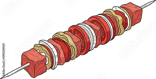A vibrant watercolor illustration of a shish kebab showcasing alternating meat and vegetable pieces on a metal skewer