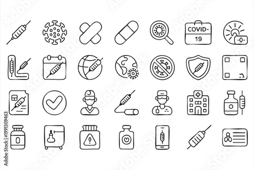 Pandemic healthcare icons, vaccine virus medical protection symbols