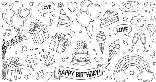 Whimsical birthday doodle art a black and white illustration featuring celebratory elements like balloons cakes and gifts