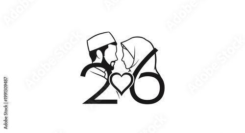Muslim couple celebrating their love with a heart symbol and the number 26.