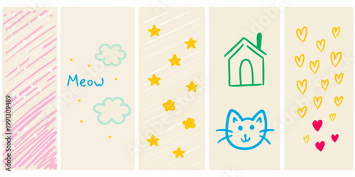 Colorful hand drawn illustrations on rectangular beige backgrounds