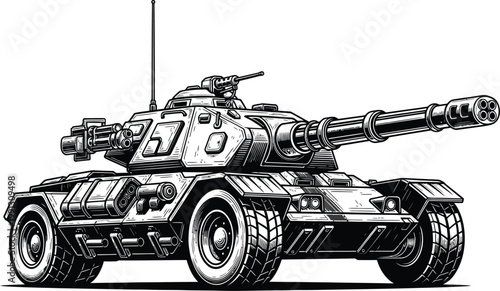 Detailed black and white sketch of a modern battle tank showcasing its powerful weaponry and robust design