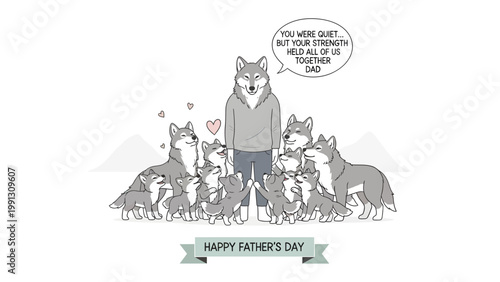 Father's Day Dedication: A heartwarming cartoon portrays a father wolf surrounded by his cubs. Expressing the message of strength and togetherness. The image evokes a sense of family and love.