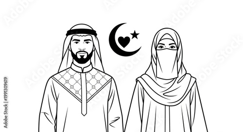 Muslim Couple Holding Hands with Islamic Symbol in the Background.