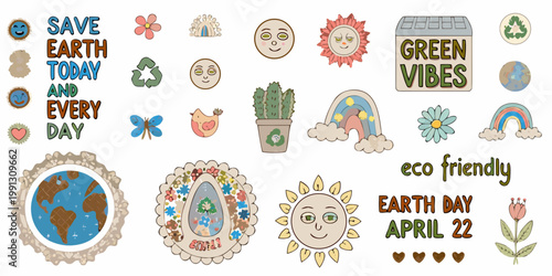 A colorful collection of hand drawn stickers promoting earth day and positivity
