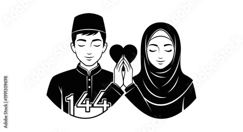 Muslim couple holding heart symbol, representing love and faith.