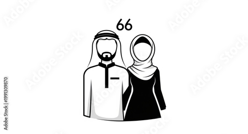 Muslim couple illustration with the number 66 above their heads.