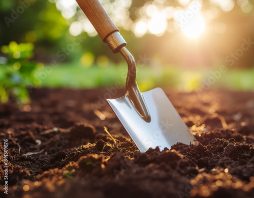 Gardening Trowel Cultivating Rich Soil Under Warm Sunset Light