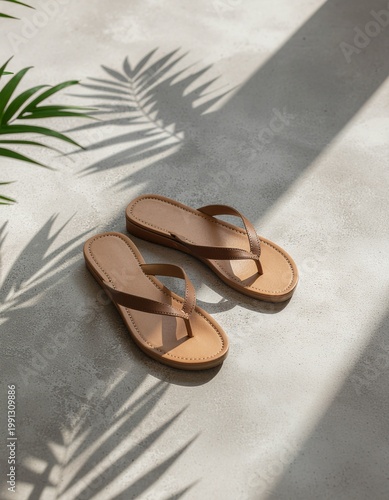 Comfortable and stylish leather sandals on a concrete surface with palm shadows