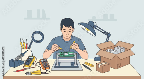 Man repairing electronic device at workbench.