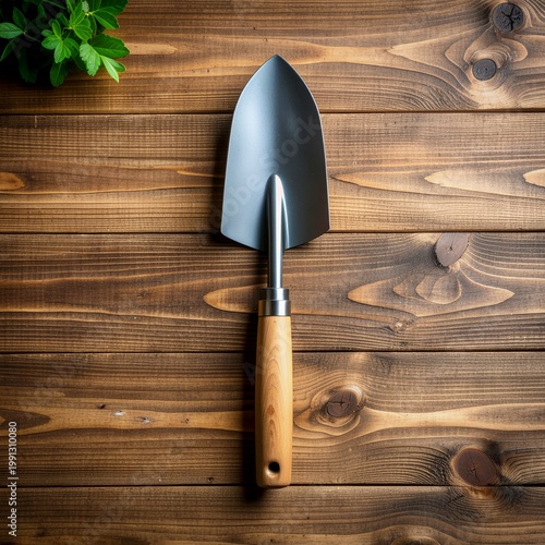 Garden Trowel on Rustic Wooden Background for Planting and Gardening Activities