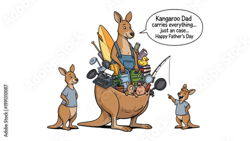 Kangaroo Family Father's Day: A cartoon illustration captures a kangaroo dad overloaded with various items, symbolizing the effort of fatherhood, with his two children nearby.