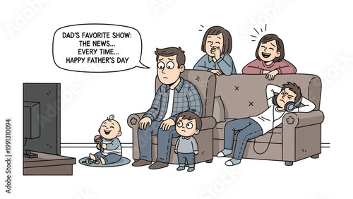 Family Father's Day: A cartoon illustration captures a Father's Day scene with a family enjoying TV time. The text suggests the father's favorite show is the news.