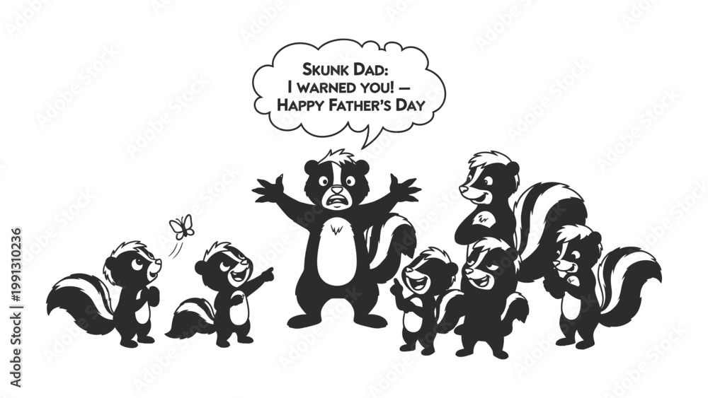 Fototapeta premium Skunk Family Father's Day: A cartoon illustration captures a skunk father's reaction to the humorous father's day greeting from his family.