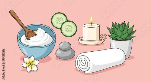 Set of spa treatment accessories and skincare beauty products illustration.