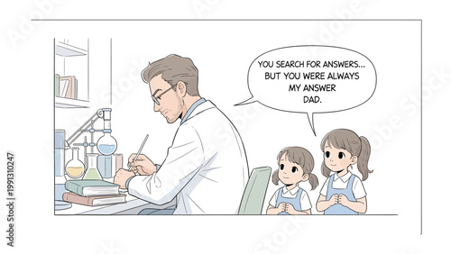 Fatherly Bonds: A scientist dad working in the lab, finds support and love from his adorable daughters.