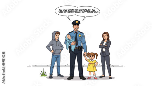 Happy Father's Day: A law enforcement officer stands tall amidst his family, embodying a symbol of safety, while a speech bubble conveys a heartfelt message of love and gratitude. 