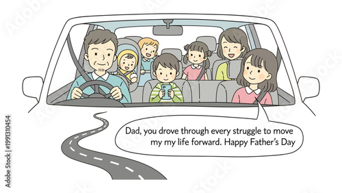 Family Road Trip for Father's Day: A loving family embarks on a memorable road trip together. A message of gratitude is offered to the father as a gesture of appreciation for his guidance.