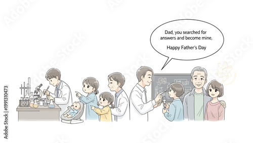 Tableau sur toile Father's Day Dedication: A heartwarming illustration captures the evolution of a father's influence, from scientific pursuits to cherished family moments, culminating in a Father's Day greeting