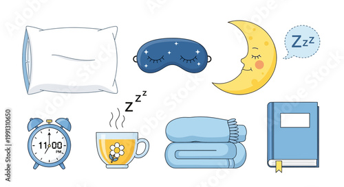 Collection of Hand Drawn Bedtime and Sleep Routine Accessories.