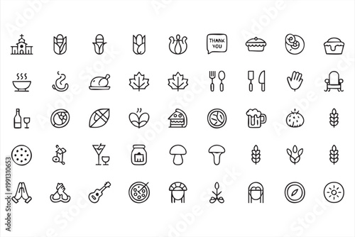 Autumn harvest icons, thanksgiving food feast line set