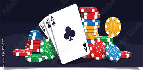 Poker Cards Royal Flush with Casino Chips Stack Illustration for Gambling, Betting, Game Design, Casino Night, Luxury Gaming and Entertainment Graphics